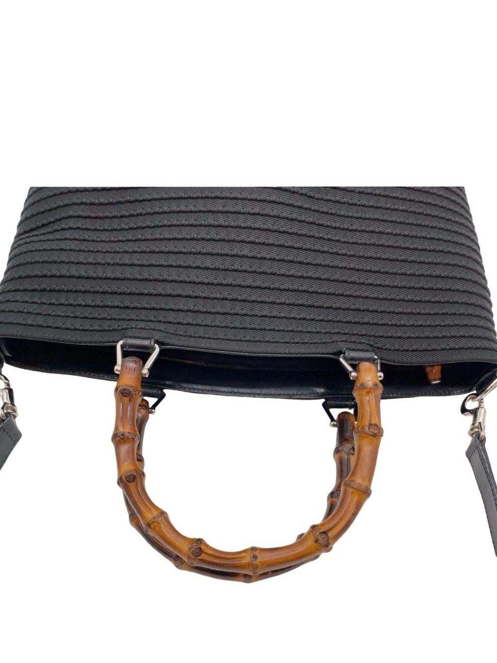 Vintage Gucci Bamboo Handle Tote Black Leather Trim Crossbody Bag Made in Italy - Picture 6 of 14